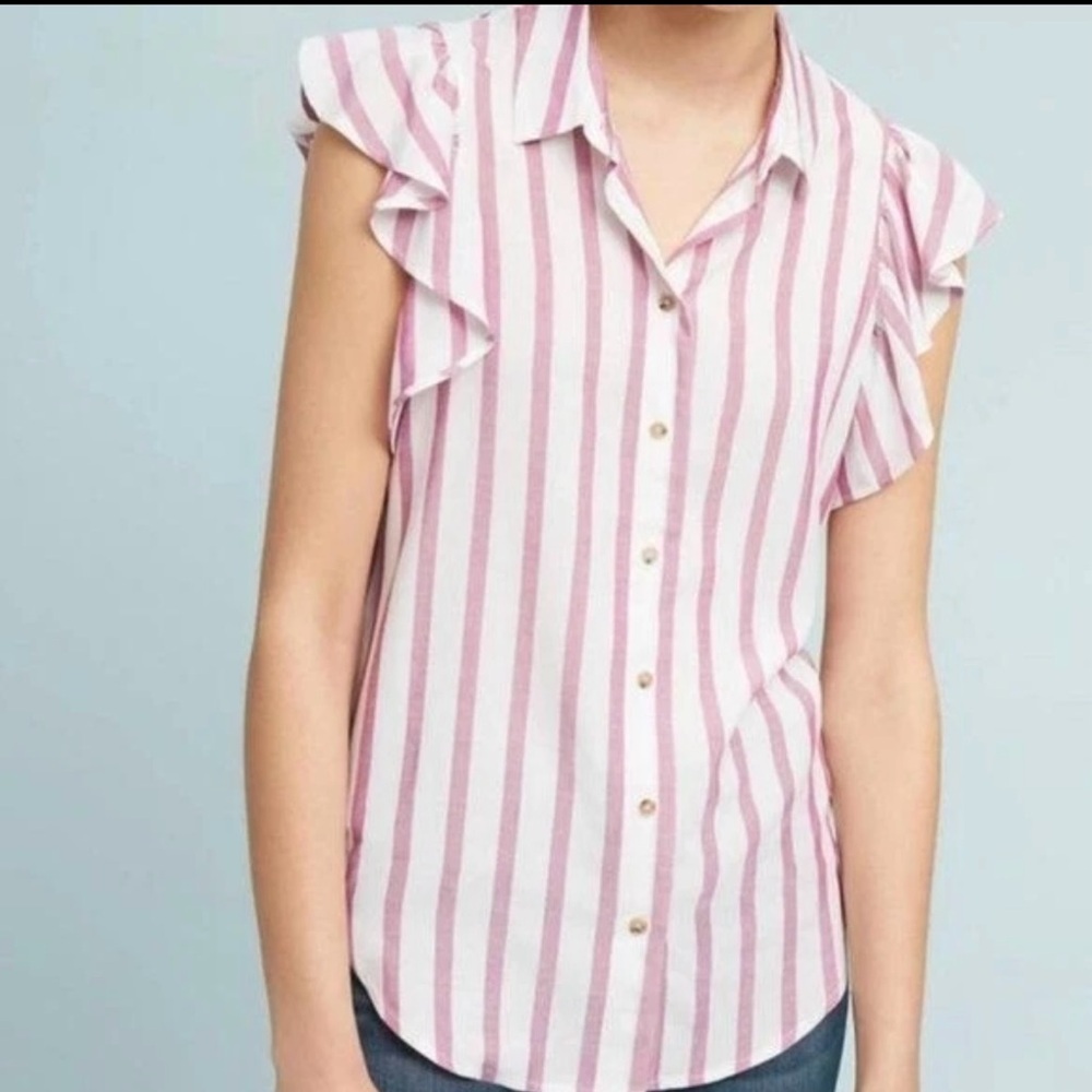 Anthropologie Maeve Fairhope Striped Button Down Ruffle Sleeve Blouse Top